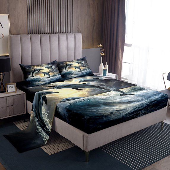 Erosebridal Marine Dolphin Full Sheet Sets,Ocean Waves Bedding Full Size,Animal Room Decorative,Lightweight,4-Piece