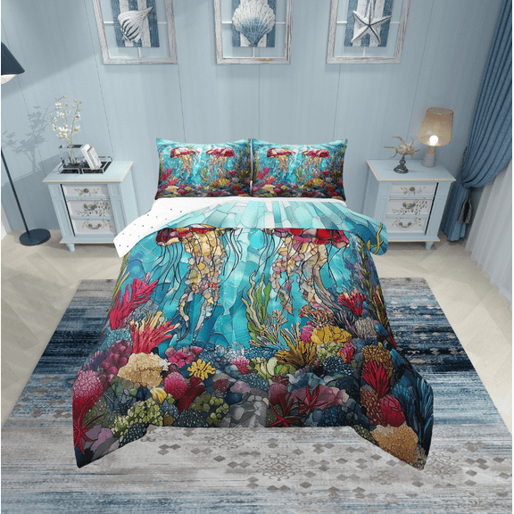 Erosebridal Marine Jellyfish Bedding Twin Comforter Set,Underwater World Down Comforter,Peincess Bedroom Decor,Reversible,Lightweight,2-Piece