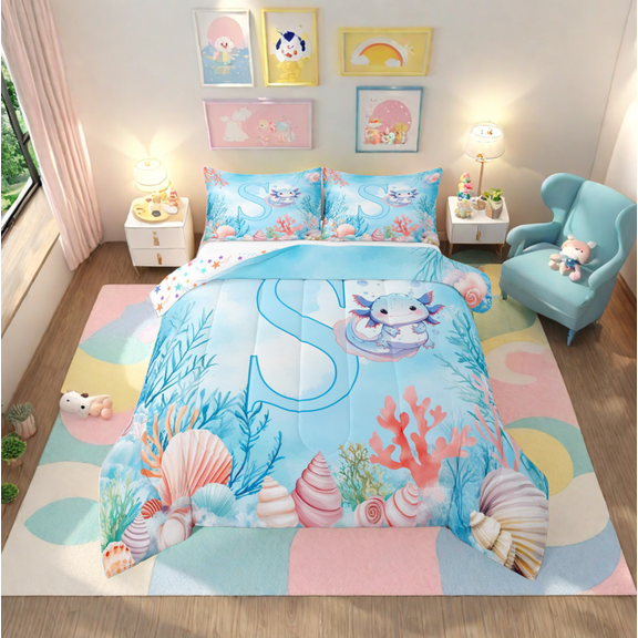 Erosebridal Marine Life Coral Shell Comforter Sets Twin Size,Chic Intial Print S Comforters & Duvets,Princess axolotl Bedding Twin Comforter Set ,Microfiber Bedroom Decor Reversible，2-Piece