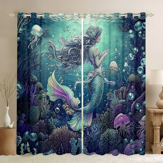 Erosebridal Marine Mermaid Curtains for Living Room,Underwater World 30%-50% Blackout Curtains Set of 2 (38x45),Peincess Bedroom Decor