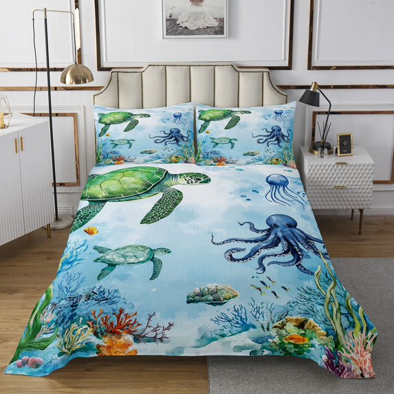 Erosebridal Marine Octopus Bedspread Sets Queen Size, Sealife Bed Quilt, Underwater World Decor, 3 Pieces