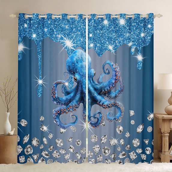Erosebridal Marine Octopus Curtains Pack of 2 (52x84), Ocean Sealife 30%-50% Black Out Curtains, Bling Diamond Curtains for Living Room, Window Curtains Room Decor