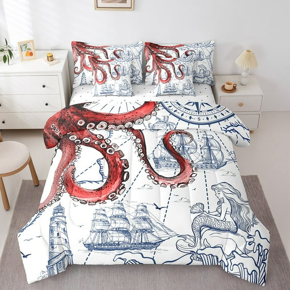 Erosebridal Marine Octopus Mermaid Bedding Queen Size,Boat Lighthouse Bed In A Bag Queen Size,Nautical Room Decorative,Reversible,Lightweight,7 Pieces
