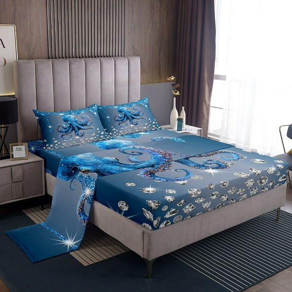 Erosebridal Marine Octopus Twin Sheet Sets, Ocean Sealife Bedding Twin Size, Bling Diamond Reversible Bed Sheets Twin, Super Cozy Room Decor, 3 Pieces