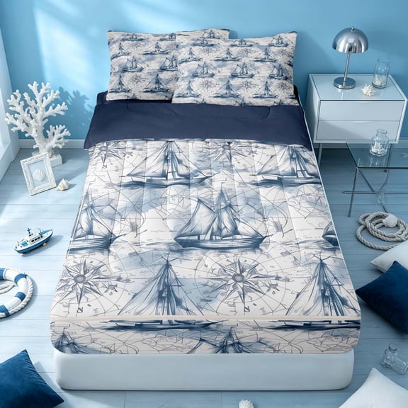Erosebridal Marine Sailboat Zipper Twin Comforter Sets with Fitted Sheet and 2 Pillowcases, Nautical Compass Zipper Bedding Set, Navy Reversible
