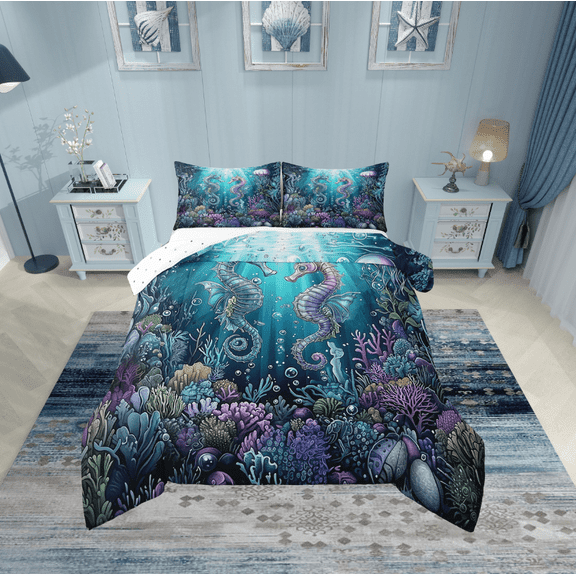 Erosebridal Marine Seahorse Bedding Twin Comforter Set,Underwater World Down Comforter,Peincess Bedroom Decor,Reversible,Lightweight,2-Piece