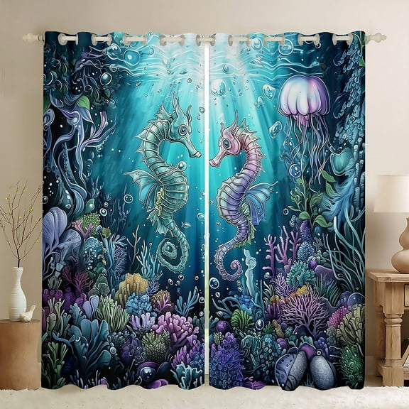 Erosebridal Marine Seahorse Curtains and Drapes (38x54),Underwater World 30%-50% Blackout Curtains for Bedroom,Peincess Bedroom Decor