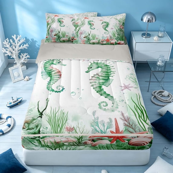Erosebridal Marine Seahorse Zipper Twin Comforter Sets with Fitted Sheet and 2 Pillowcases, Coastal Animal Zipper Bedding Set, Gray Reversible