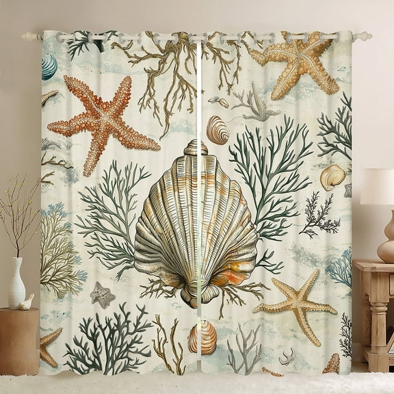 Erosebridal Marine Seashell Curtains for Living Room, Retro Sealife 30%-50% Blackout Curtains Set of 2 (38x45), Starfish Coral Curtains Pack of 2, Bedroom Curtains Room Decorative