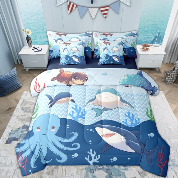 Erosebridal Marine Shark Bedding Comforter Set 7 Pieces for Kids, Blue Octopus Coral Full Bedding Set