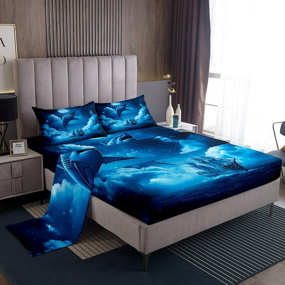 Erosebridal Marine Shark Sheet Set Twin,Nautical Boat Bedding Sets Twin Size,Breathable Bed Sheets Twin,Ocean Theme Decor,3pcs