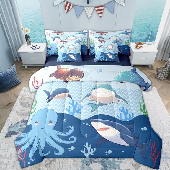 Erosebridal Marine Shark Twin Bedding Sets 7-Piece for Kids, Blue Octopus Coral Bedding Comforter Set