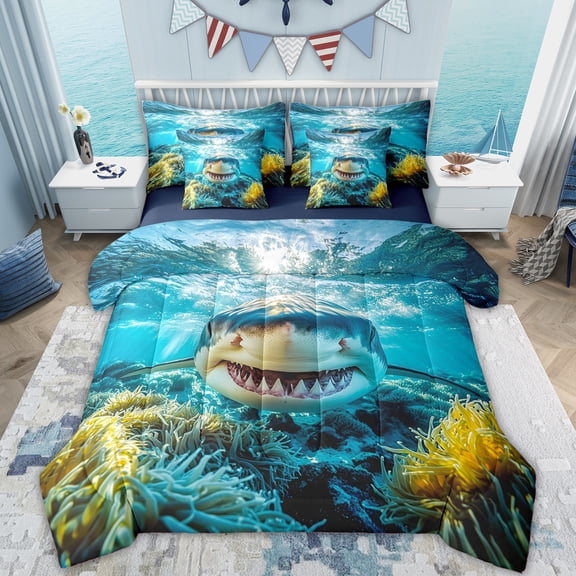 Erosebridal Marine Sharks Kids Bedding Comforter Set, Ocean Wildlife Queen Bedding Sets, Blue Reversible, 7-Piece