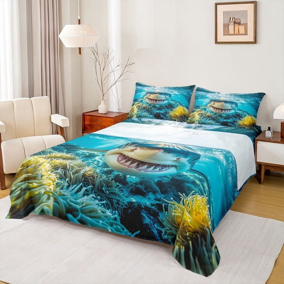Erosebridal Marine Sharks Kids Queen Sheet Sets, Ocean Wildlife Bed Set, 4-Piece