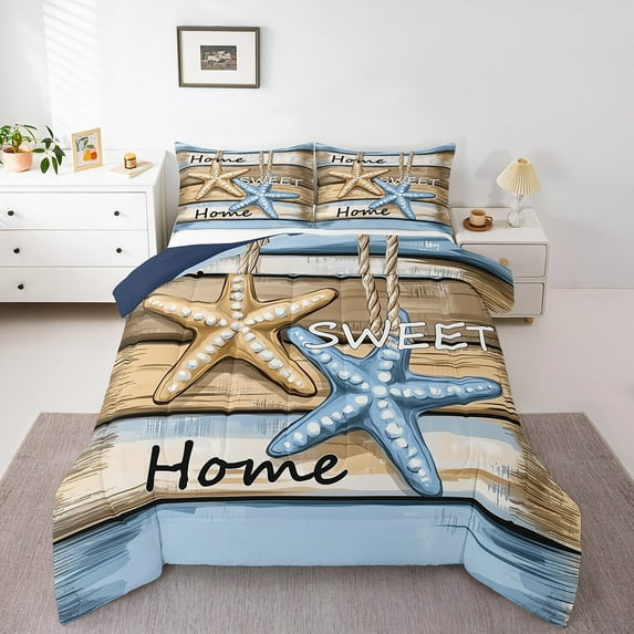 Erosebridal Marine Starfish Comforter Sets Full Size, Old Barn Door Down Comforter, Sea Theme Decor, Reversible 3-Piece