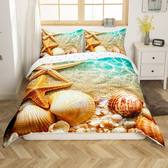 Erosebridal Marine Starfish Duvet Cover Queen, Coastal Beach Bedding Sets Queen Size, Seashell Decor, Reversible 3 Pieces（No Comforter）