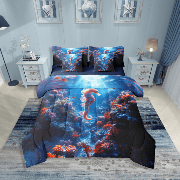 Erosebridal Marine Theme Seahorse Bedding Sets Twin Size,Ocean Animal Comforter Sets with Sheets,Sealife Decor,Reversible,Breathable,7-Piece