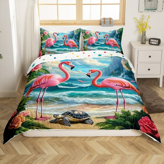 Erosebridal Marine Turtle Comforter Cover Twin,Pink Flamingo Bedding Twin Size,Summer Beach Decoration,Reversible,2-Piece(No Comforter)
