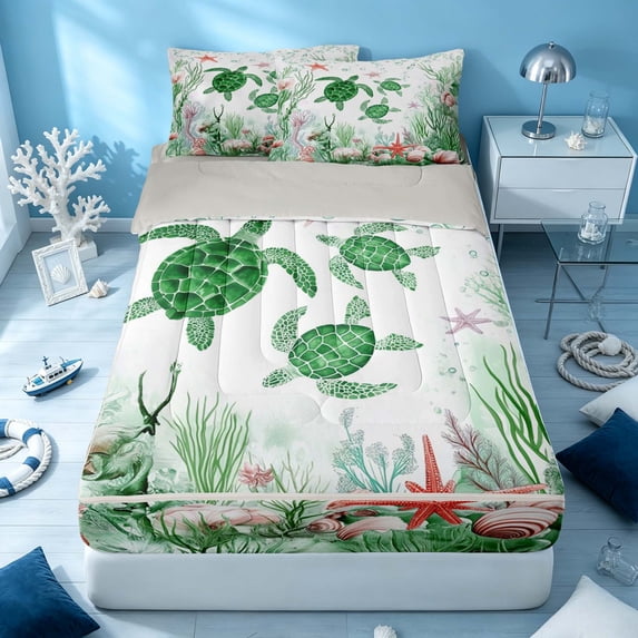 Erosebridal Marine Turtle Zipper Twin Comforter Sets with Fitted Sheet and 2 Pillowcases, Coastal Wildlife Zipper Bedding Set, Gray Reversible