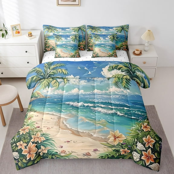 Erosebridal Marine Wave Bedding Sets King Size, Hawaii Beach Comforter Sets with Sheets, Tropic Floral Plant Decor, Reversible