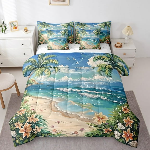 Erosebridal Marine Wave Bedding Sets Twin Size, Hawaii Beach Comforter Sets with Sheets, Tropic Floral Plant Decor, Reversible