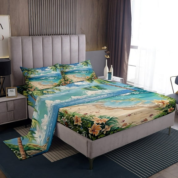 Erosebridal Marine Wave Sheet Set Twin, Hawaii Beach Bedding Sets Twin Size, Tropic Floral Plant Decor