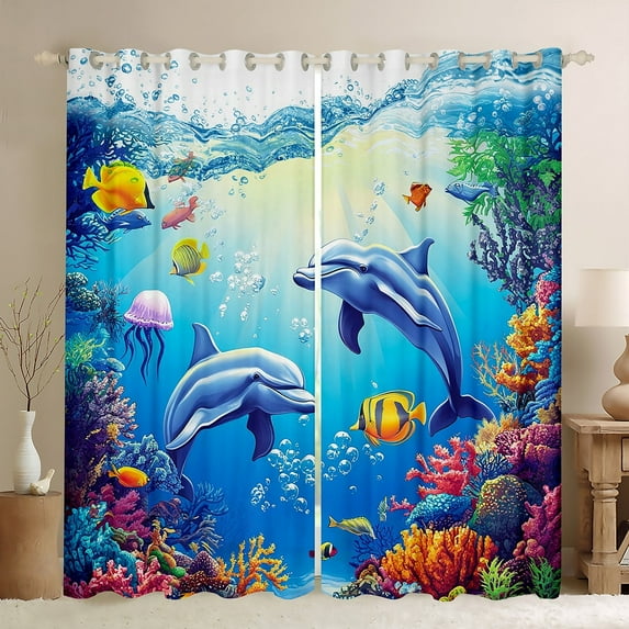 Erosebridal Marine Dolphin Curtains for Living Room,Ocean Wildlife 30%-50% Blackout Curtains Set of 2 (38x45),Marine Decoration