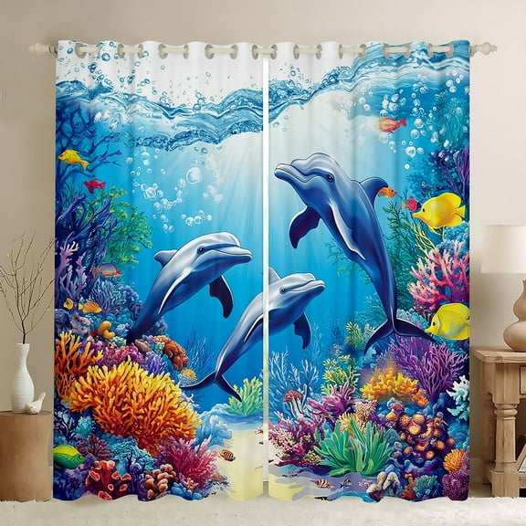 Erosebridal Sealife Dolphin Curtains for Living Room,Marine Animal 30%-50% Blackout Curtains Set of 2 (38x45),Sea Decor