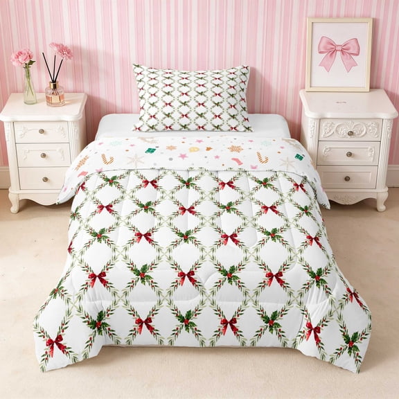 Erosebridal Mauve Satin Bow Ribbon Twin Comforter Sets for Girls, Romantic Floral Print Bedding Set, Xmas Reversible 2pcs 1 Comforter and 1 Pillowcase