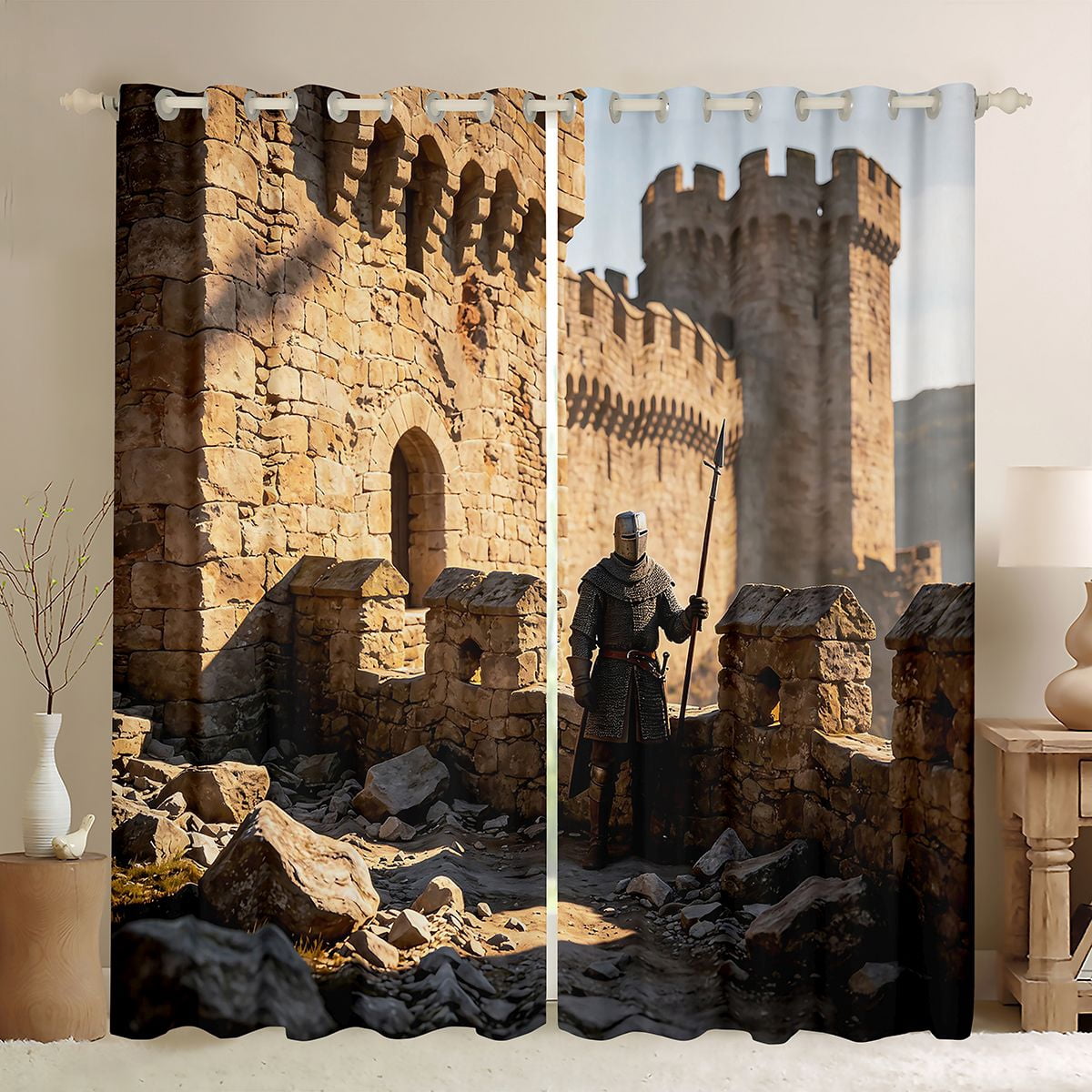 Erosebridal Medieval Castle Pattern Kitchen Curtains,Armor Guard Tower ...
