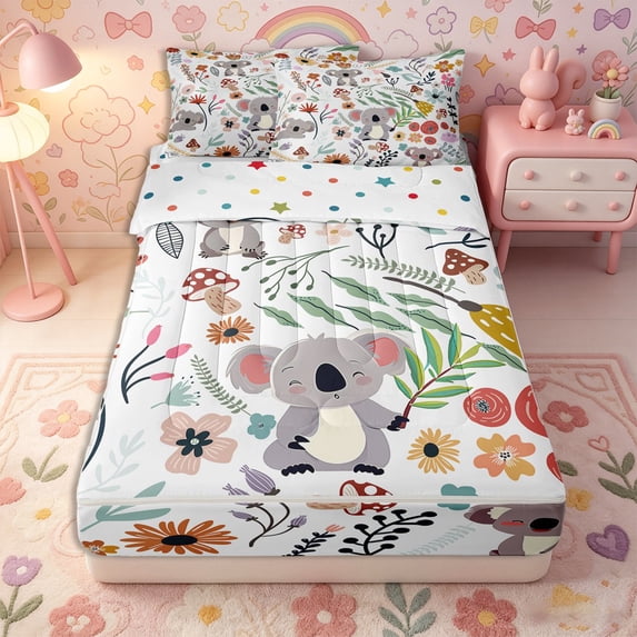 Erosebridal Mellow Koala Zipper Queen Comforter Set with Fitted Sheet and 2 Pillowcases,Country Bloom Print Zipper Bedding Set,Taupe Green,Reversible