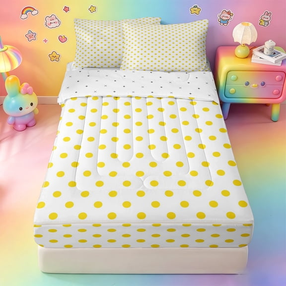 Erosebridal Mellow Yellow Polka Dot Zipper Queen Comforter Set with Fitted Sheet and 2 Pillowcases,Ivory Dot Warm Neutral Zipper Bedding Set For Girls,Reversible,4pcs