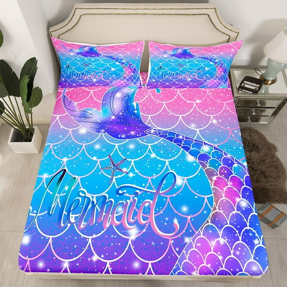Erosebridal Mermaid Fish Scale Sheets Mermaid Tails Fitted Sheet Twin Size,2Pcs Gradient Blue Rainbow Bed Sheets for Teens Sparkle with 1 Pillowcase(No Top Sheet)