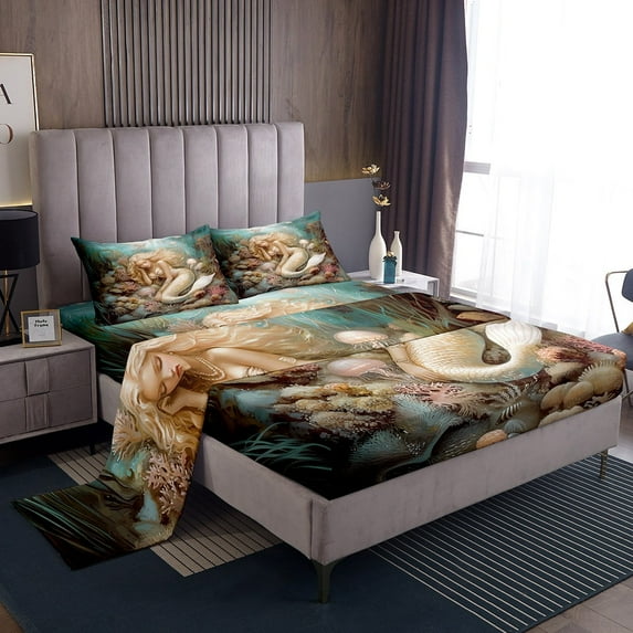 Erosebridal Mermaid Princess Bed Sheets Set Twin Size, Ocean Coral Bedding Twin Size, Dreamy Jellyfish Sheet Set Twin, Microfiber Bedroom Decorative, 3pcs
