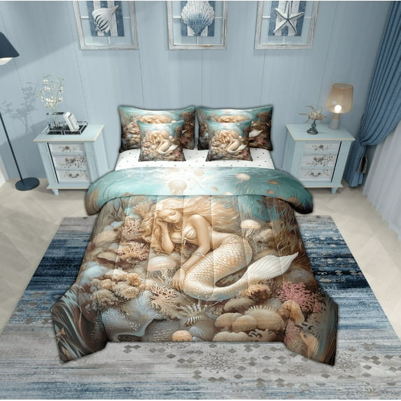 Erosebridal Mermaid Princess Bedding Twin Size, Ocean Coral Bed Set, Dreamy Jellyfish Reversible Bedding Sets Twin Size, Microfiber Bedroom Decorative, 7pcs