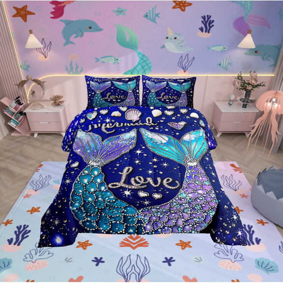 Erosebridal Mermaid Princess Comforter Sets Twin Size, Bling Fish Tail Comforters & Duvets, Marine Reversible Duvet Insert, Microfiber Bedroom Decorative, 2pcs