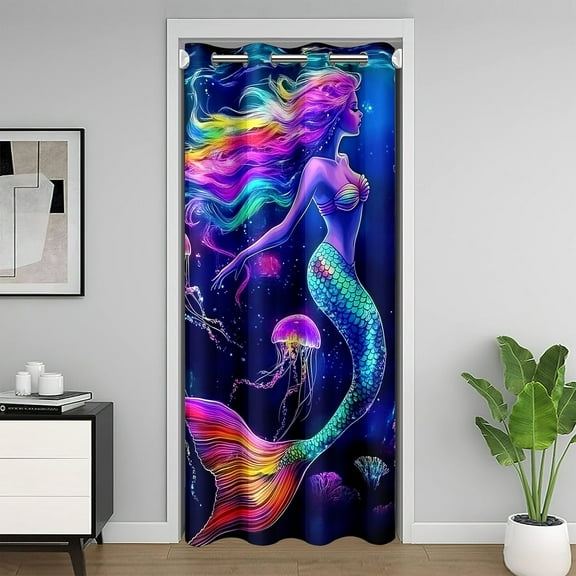 Erosebridal Mermaid Princess Door Curtain Panel 34x80, Neon Sealife Jellyfish Room Divider Curtain, Fairy Tale Decor