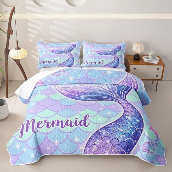 Erosebridal Mermaid Princess Quilt Full for Boys Girls, Purple Fish Scales Full Bedspread Sets, 3-Piece