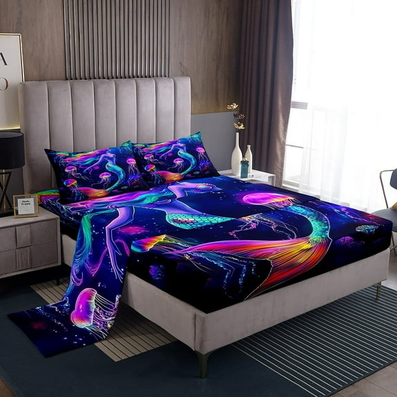 Erosebridal Mermaid Princess Twin Sheet Sets, Neon Sealife Jellyfish Bedding Twin Size, Fairy Tale Decor