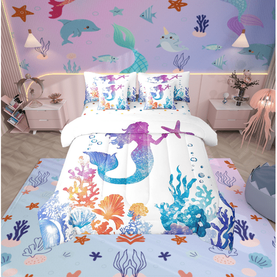 Erosebridal Mermaid Print Bed in a Bag Twin size, Colorful Coral Bed Set, Dreamy Fairy Tale Reversible Bedding Twin Size, Lightweight Bedroom Decoration, 7pcs