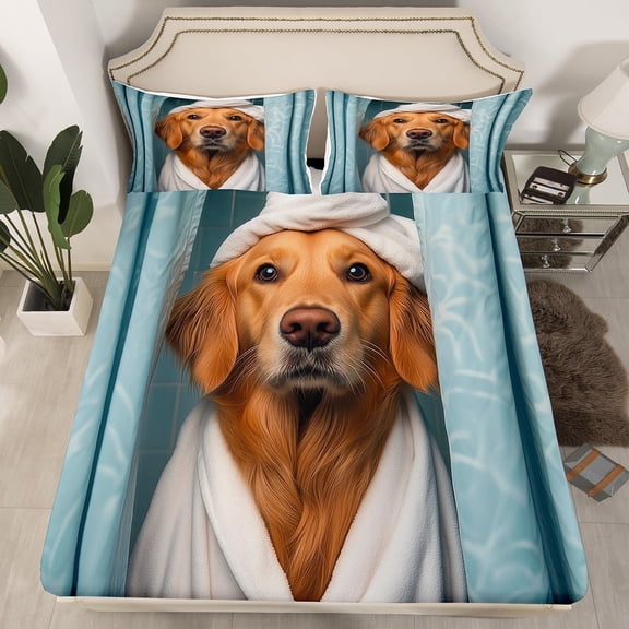 Erosebridal Golden Retriever Fitted Sheet Set Queen,Animal Dog Fitted Sheet Queen,Super Cozy Bedding Queen Size,Kawaii Decoration,3 Pieces(Fitted Sheet,Pillowcase)