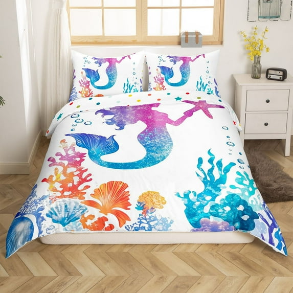 Erosebridal Mermaid Print Duvet Cover Twin, Colorful Coral Comforter Cover Twin, Dreamy Fairy Tale Reversible Bedding Sets Twin Size, Lightweight Bedroom Decoration, 2pcs(No Comforter)