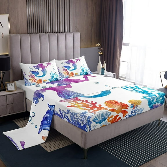 Erosebridal Mermaid Print Twin Sheet Sets, Colorful Coral Bed Sheets Twin, Dreamy Fairy Tale Bedding Twin Size, Lightweight Bedroom Decoration, 3pcs
