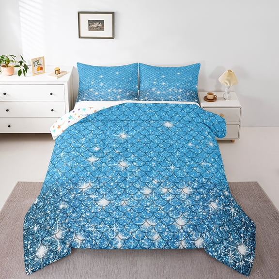 Erosebridal Mermaid Scale Bedding King Comforter Set, Marine Princess Comforter Sets King Size, Glitter Stars Reversible Down Comforter, Ultra Soft Bedroom Decor, 3-Piece
