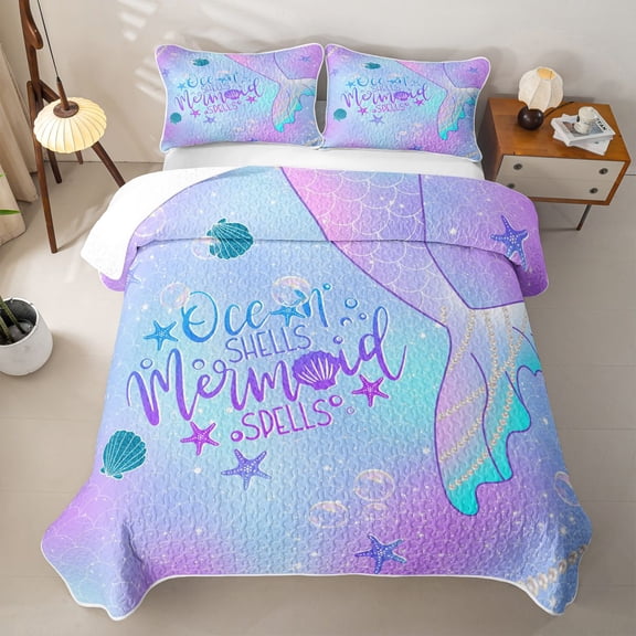 Erosebridal Mermaid Shell Bed Spread Queen,Ocean Fish Tail Stars Queen Coverlet Set For Girls,3pcs