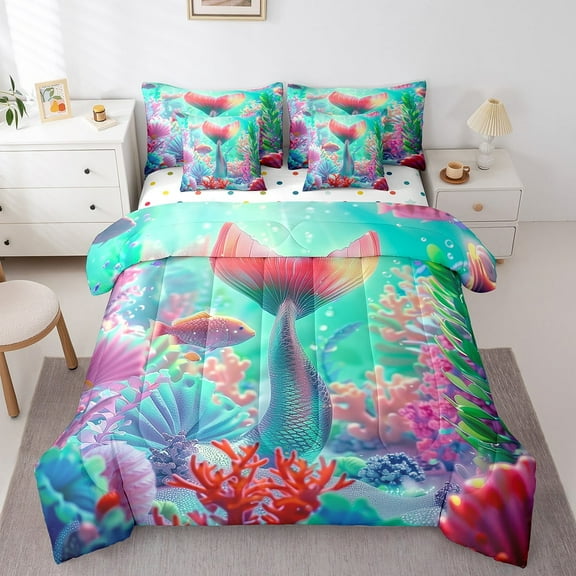 Erosebridal Mermaid Tail Bedding Sets Twin Size, Colorful Coral Comforter Sets with Sheets, Gold Fish Decor, Reversible 7-Piece