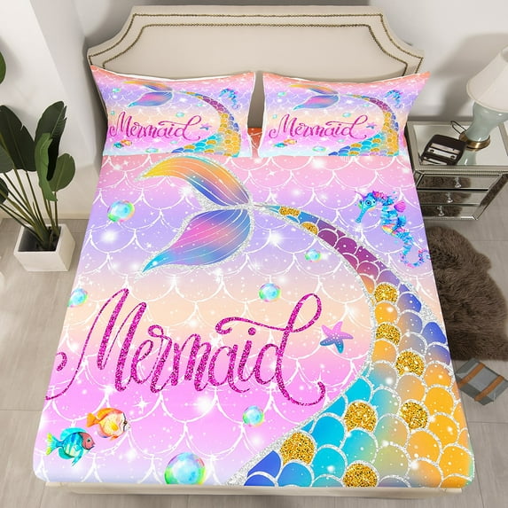 Erosebridal Mermaid Tail Fitted Sheet Full Size Rainbow Bedding Set for Teen,Glitter Princess Bed Sheets,Fish Scales Sheets 3 Pieces,No Flat Sheet(No Top Sheet)