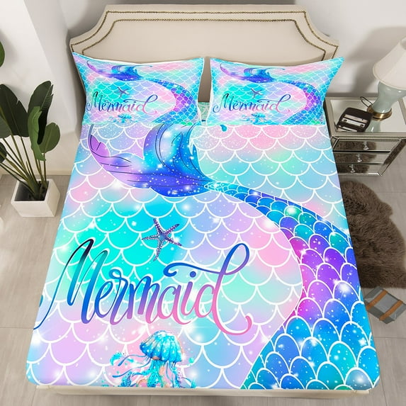 Erosebridal Mermaid Tail Glitter Fitted Sheet Rainbow Mermaid Scale Full Size Sheets,Gradient Rainbow Mermaid Bed Sheets - 1 Fitted Sheet 2 Pillowcases(No Top Sheet)