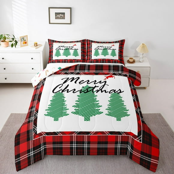 Erosebridal Merry Christmas Bedding Sets Queen with Comforter, Green Red Xmas Duvet Insert, Buffalo Plaid Comforter Sets Queen Size, Microfiber Bedroom Decorative, 3pcs