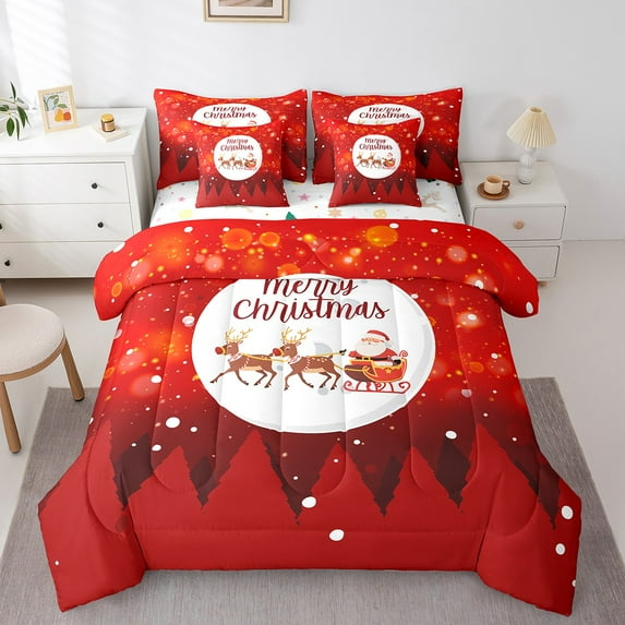 Erosebridal Merry Christmas Bedding Sets Twin Size, Reindeer Elk Comforter Sets with Sheets, Red Reversible Bed Set, Super Cozy Bedroom Decor, 7 Pieces